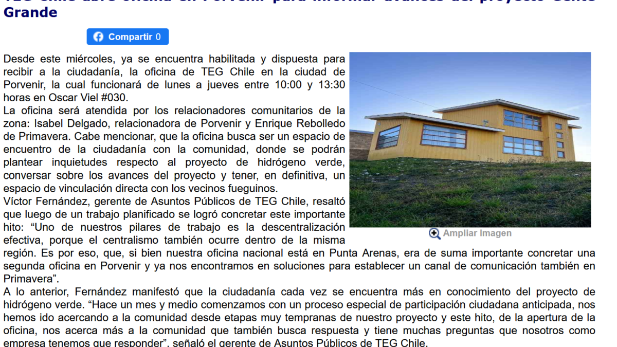 TEG Chile opens office in Porvenir to report progress of the Gente Grande project