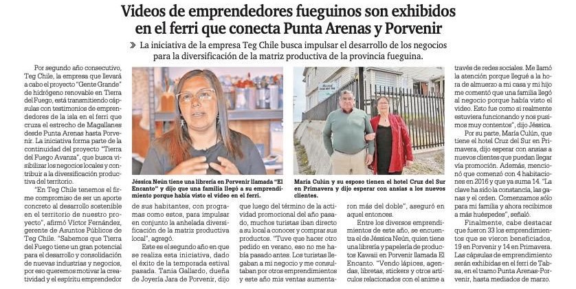 Videos de emprendedores fueguinos son exhibidos en el ferri que conecta Punta Arenas y Porvenir